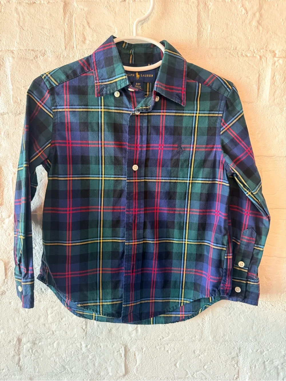 Ralph Lauren Green & Blue Plaid Button-Down Shirt with Yellow and Red Accents